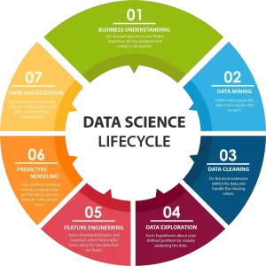 Data Science Lifecycle diagram showing seven stages: business understanding, data mining, data cleaning, data exploration, feature engineering, predictive modeling, and data visualization.