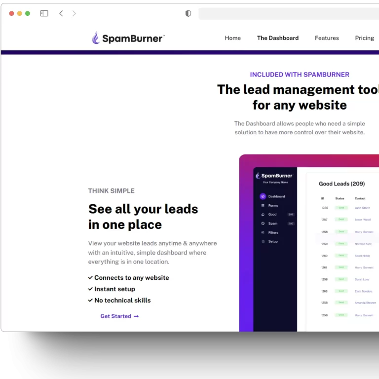 SpamBurner lead management tool dashboard, providing website owners with easy access to manage leads, filter spam, and streamline lead management in one location.