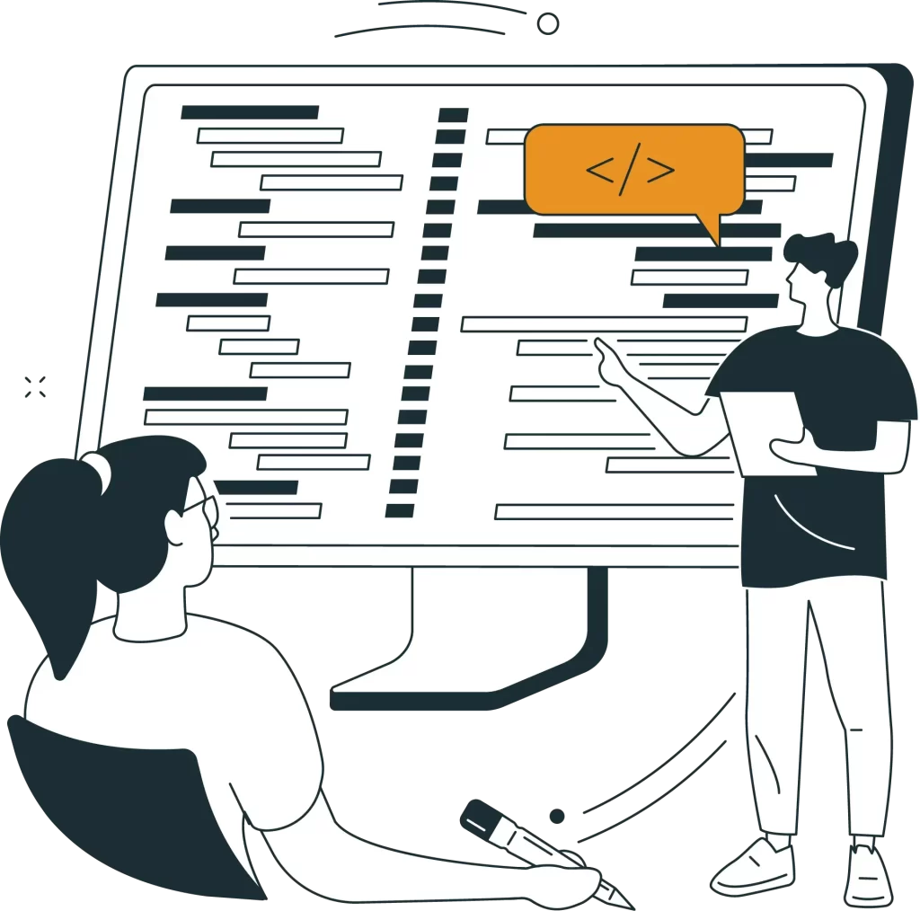 Illustration of developers collaborating on coding project, symbolizing teamwork in software development and code review.