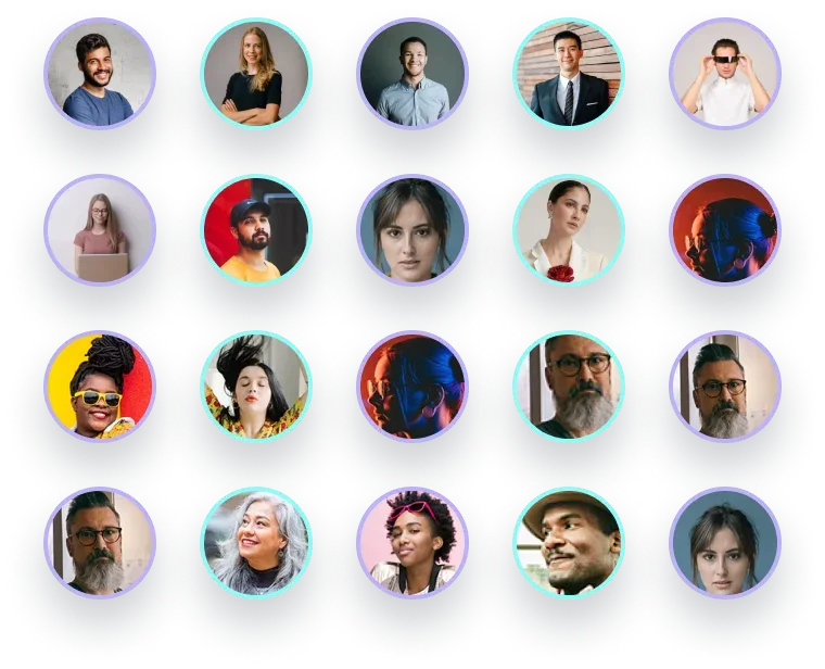 Grid of diverse customer or team member portraits, each in a circular frame, accompanied by a 5-star rating icon, illustrating a software development agency’s positive client feedback.