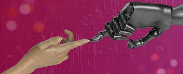 A human finger and a robotic finger almost touching, symbolizing the intersection of humanity and artificial intelligence.