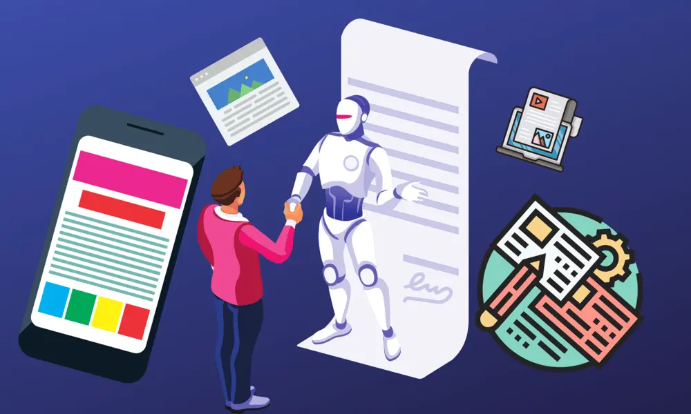 An illustration showcasing AI tools for developers: A robot shaking hands with a developer, surrounded by icons representing website design, data analysis, and document management.