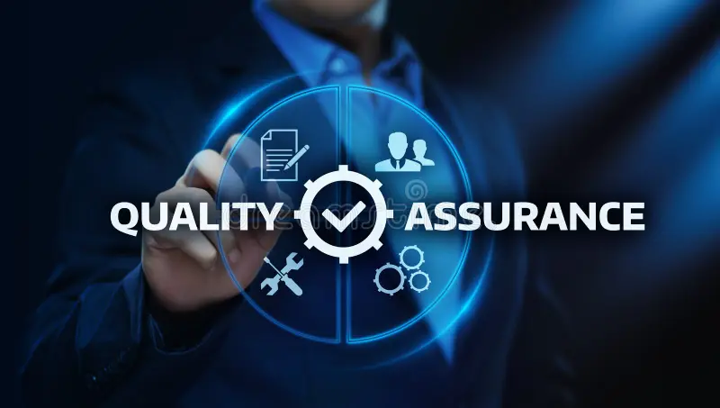 Business professional activating a futuristic gear icon labeled ‘Quality Assurance,’ symbolizing comprehensive QA testing services.