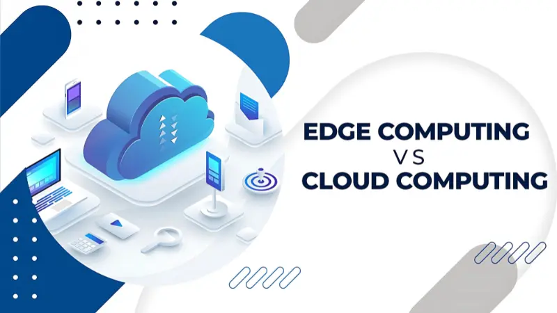 Illustration comparing Edge Computing and Cloud Computing, showing cloud storage, network connectivity, and digital devices.